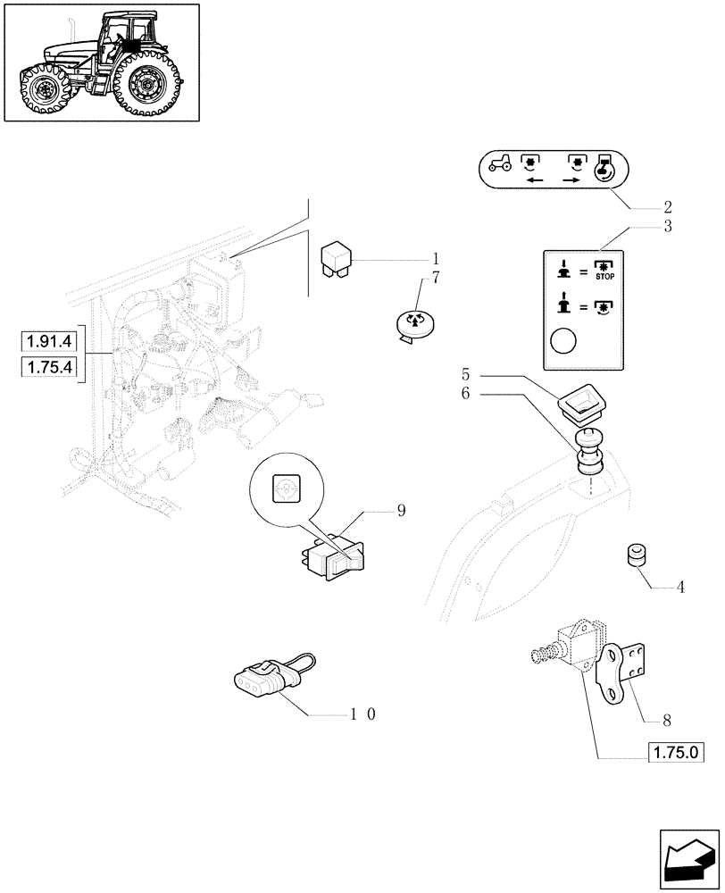 Схема запчастей Case IH JX1090U - (1.75.0/02) - (VAR.727) SYNCHRO MESH GEARED POWER TAKE -OFF 540 RPM - ELECTRIC COMPONENTS (06) - ELECTRICAL SYSTEMS