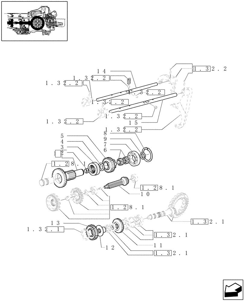 Схема запчастей Case IH JX1080U - (1.28.1/01[03]) - (VAR.109-110) SYNCHRONIZED MECHANICAL REVERSER UNIT - 4WD - SHAFTS AND GEARS (03) - TRANSMISSION