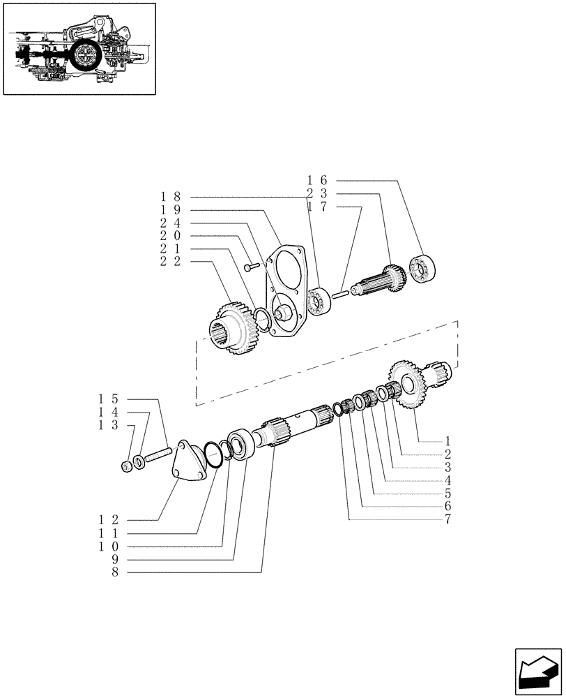 Схема запчастей Case IH JX1100U - (1.28.1/02[01]) - (VAR.113-119-119/1) SYNCHRONIZED CREEPER AND REVERSER UNIT - SHAFTS AND GEARS (03) - TRANSMISSION