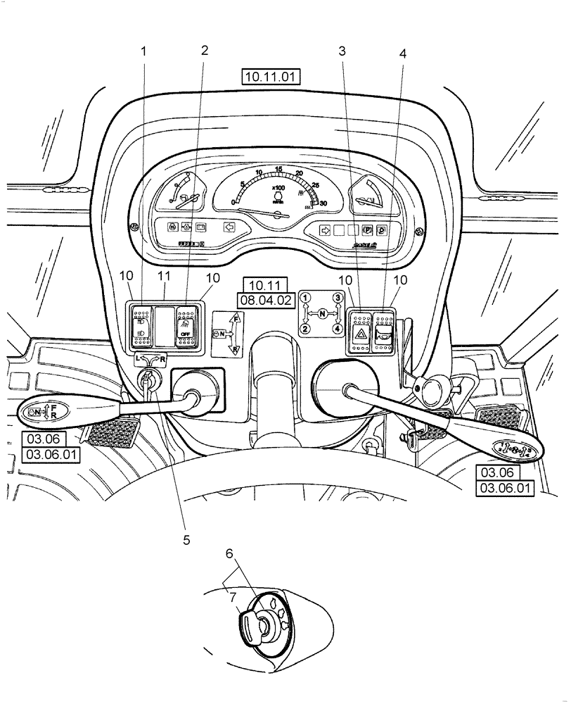 Схема запчастей Case IH DX55 - (06.03) - CONSOLE SWITCHES & IGNITION SWITCH (06) - ELECTRICAL SYSTEMS