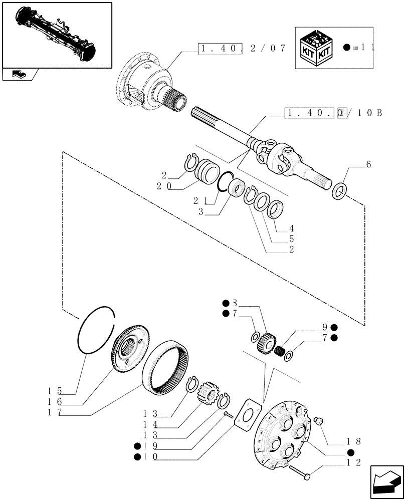 Схема запчастей Case IH PUMA 225 - (1.40.2/10[02]) - (VAR.463) FRONT AXLE WITH ACTIVE SUSPENSIONS - AXLE SHAFTS AND EPICICLIC REDUCERS (04) - FRONT AXLE & STEERING