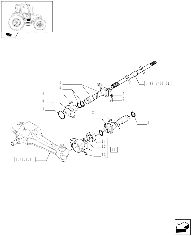 Схема запчастей Case IH FARMALL 70 - (1.38.5/03[03]) - 4WD WATER PROOF TRANSMISSION - SLEEVE AND SUPPORT (VAR.330449) (04) - FRONT AXLE & STEERING