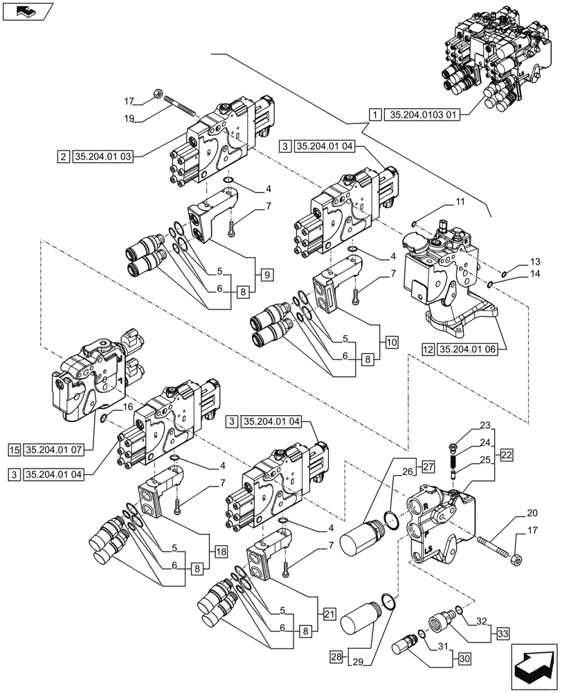 Схема запчастей Case IH PUMA 185 - (35.204.0103[02]) - 4 REMOTE CONTROL VALVES, ELECTRONIC, W/ POWER BEYOND COUPLERS, COMPONENTS (VAR.743424-743827 / 743668) (35) - HYDRAULIC SYSTEMS