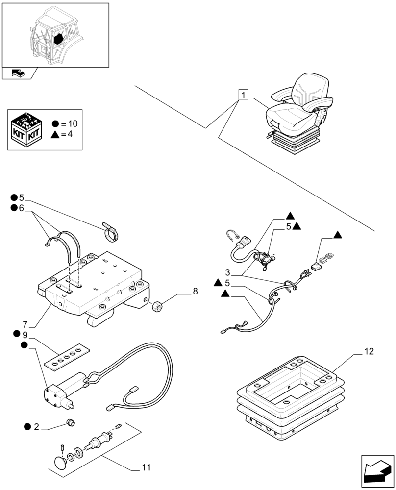 Схема запчастей Case IH FARMALL 105U - (1.93.3/02A[04]) - SWIVEL FABRIC SEAT WITH AIR SUSPENSION, SWITCH AND ARMREST - BREAKDOWN - C7342 (10) - OPERATORS PLATFORM/CAB