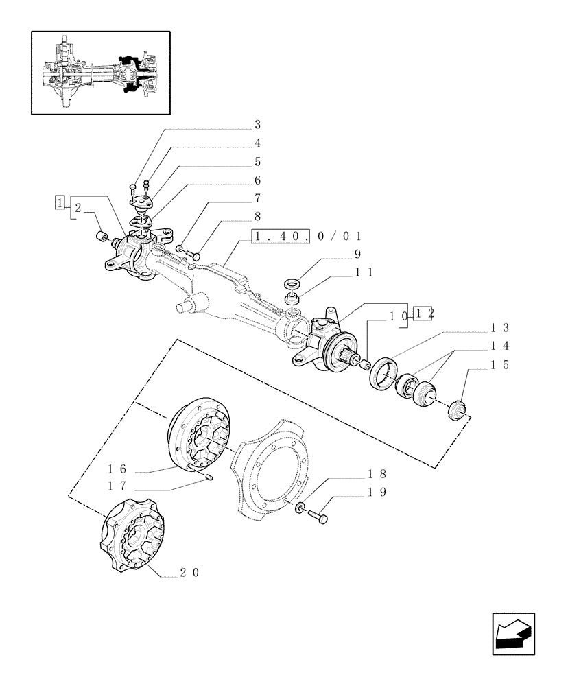 Схема запчастей Case IH JX100U - (1.40.0/02[02]) - FRONT AXLE - STEERING KNUCKLES-HUBS-4WD (04) - FRONT AXLE & STEERING