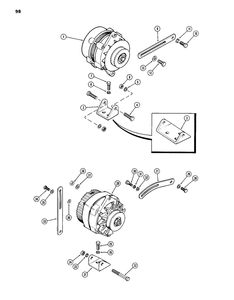 Схема запчастей Case IH 870 - (098) - ALTERNATOR MOUNTING, (336B) DIESEL AND (301B) SPARK IGNITION ENGINES, PRESTOLITE (04) - ELECTRICAL SYSTEMS