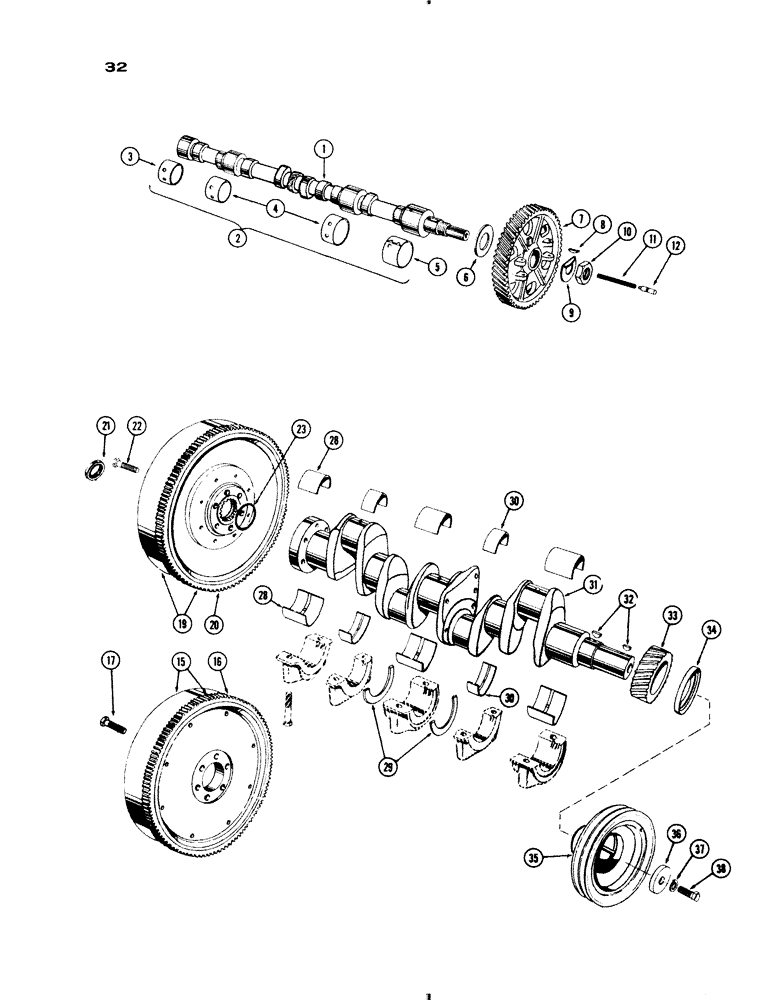 Схема запчастей Case IH 730 SERIES - (032) - CAMSHAFT, CRANKSHAFT AND FLYWHEEL, 251 AND 284 SPARK IGNITION ENGINES (02) - ENGINE