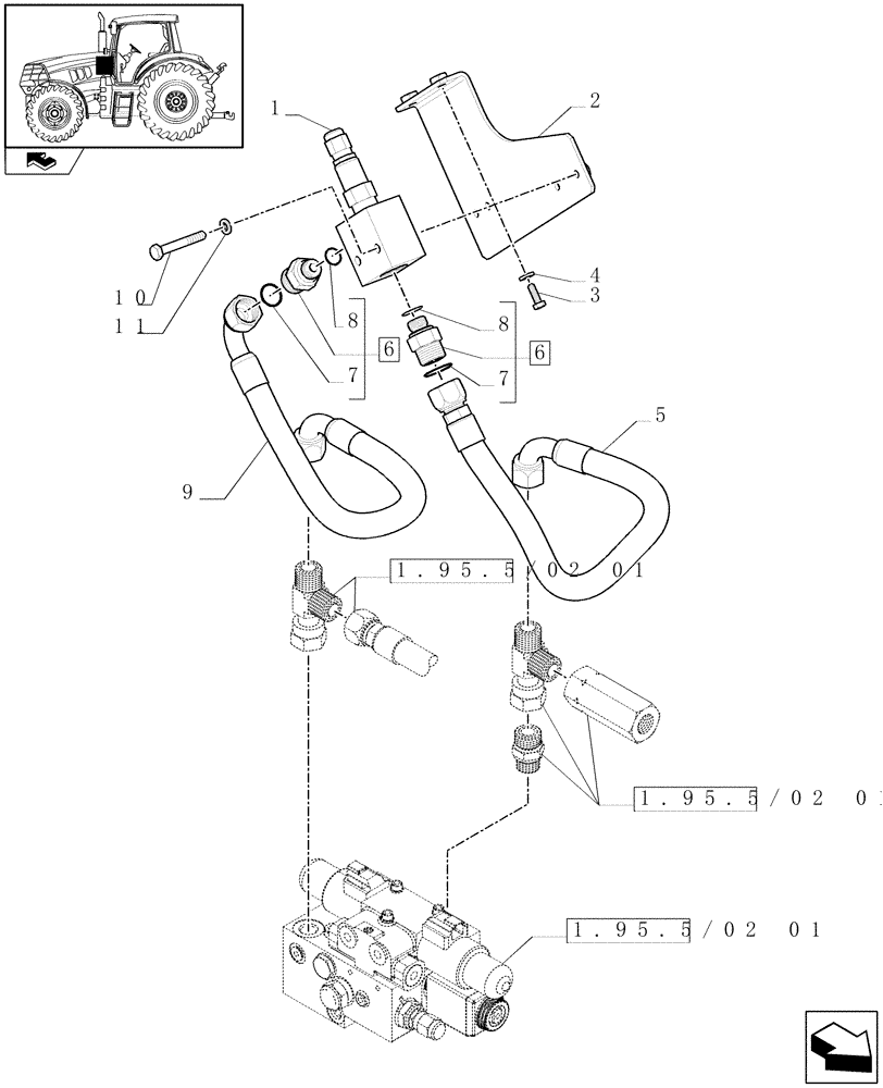 Схема запчастей Case IH PUMA 155 - (1.95.5/02[02]) - AUTO GUIDANCE SYSTEM READY FOR BALER BAR MOUNTED SCREEN - VALVES AND PIPES (VAR.330077) (10) - OPERATORS PLATFORM/CAB