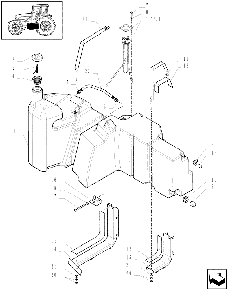 Схема запчастей Case IH MAXXUM 140 - (1.14.0/01[01A]) - JAPAN VERSION - FUEL TANK WITH GUARD - D6240 - C7389 (VAR.330133) (02) - ENGINE EQUIPMENT