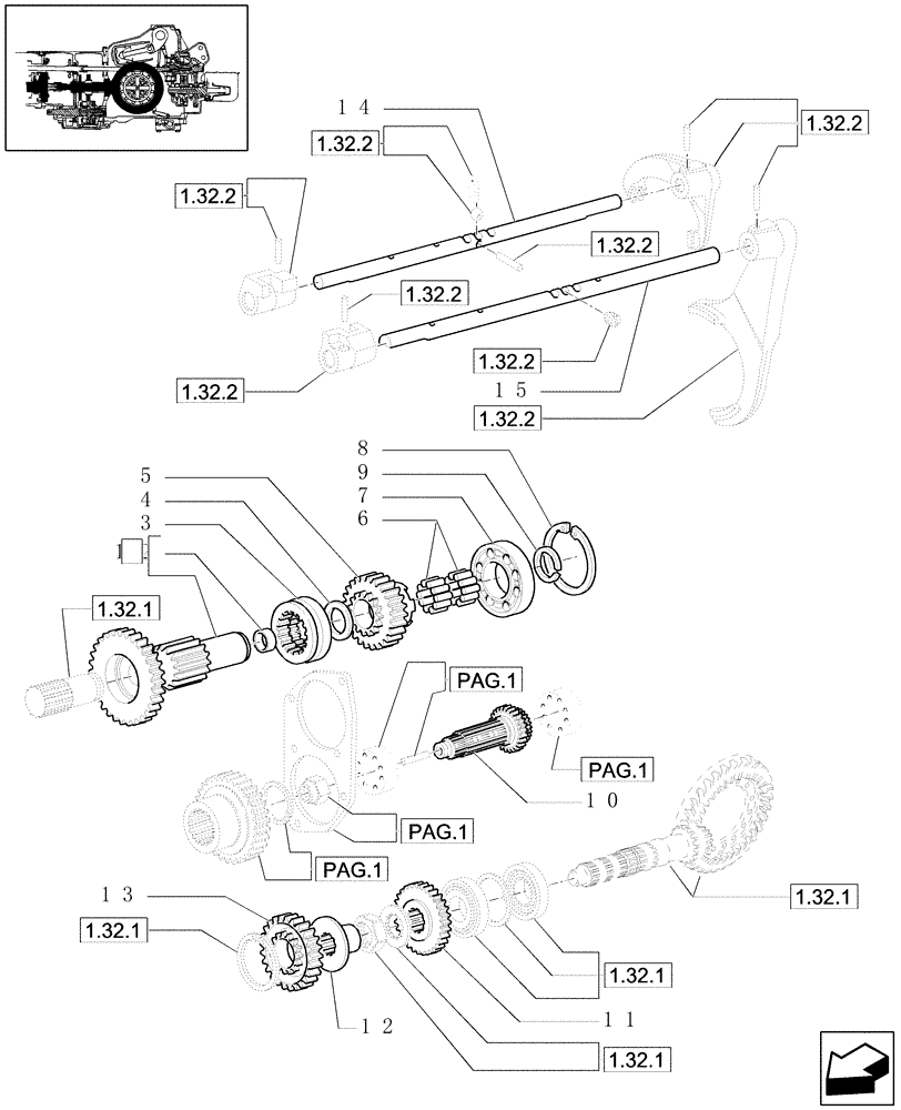 Схема запчастей Case IH JX1080U - (1.28.1/02[04]) - (VAR.113-119-119/1) SYNCHRONIZED CREEPER AND REVERSER UNIT - 4WD - SHAFTS AND GEARS (03) - TRANSMISSION