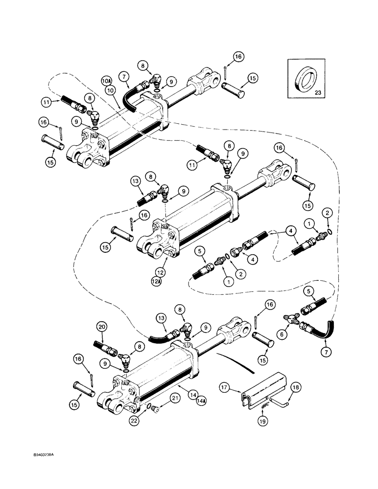 Схема запчастей Case IH 8500 - (8-38) - GAUGE WHEEL LINES, RIGHT HAND GAUGE WHEEL CYLINDERS, W/MIDWAY TIE ROD TYPE CYLINDERS, 45 WIDE DRILL (08) - HYDRAULICS