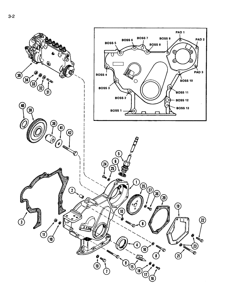 Схема запчастей Case IH 3594 - (3-002) - TIMING GEAR COVER AND INJECTION PUMP DRIVE, 504BDT DIESEL ENGINE (03) - FUEL SYSTEM