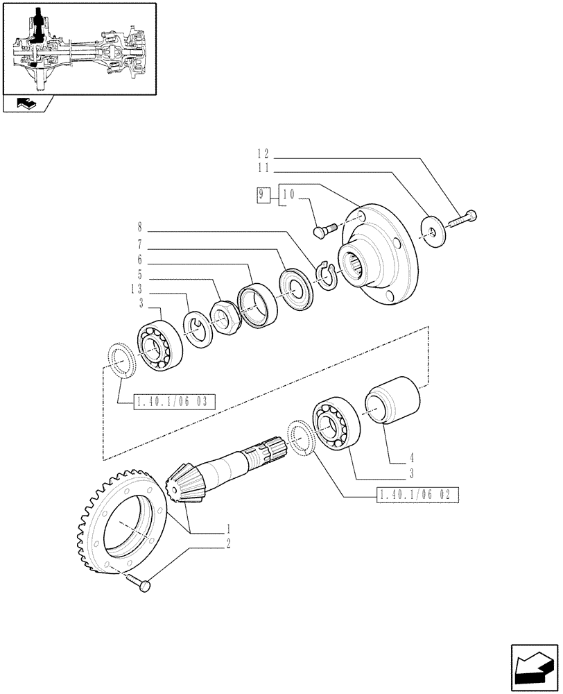 Схема запчастей Case IH MAXXUM 140 - (1.40.1/06[01]) - (CL.3) SUSPENDED FRONT AXLE WITH HYDR. DIFFER. LOCK AND STEERING SENSOR - BEVEL GEAR PAIR (VAR.330414) (04) - FRONT AXLE & STEERING