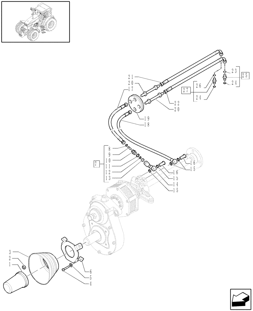 Схема запчастей Case IH MXU110 - (1.80.5/04[02]) - (VAR.592-623-639-652) FRONT HPL AND PTO W/SHAFT (6 SPLINES) W/FRONT BRAKES - GUARDS AND PIPES (07) - HYDRAULIC SYSTEM