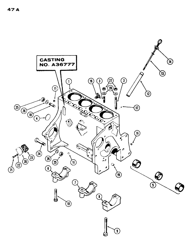 Схема запчастей Case IH 530 - (047A) - CYL. BLOCK ASSY., CASTING NO. A36777, W/ BRACKET MOUNTED OIL FILTER, 530 SERIES, 159 SPARK IGN. ENG. (02) - ENGINE