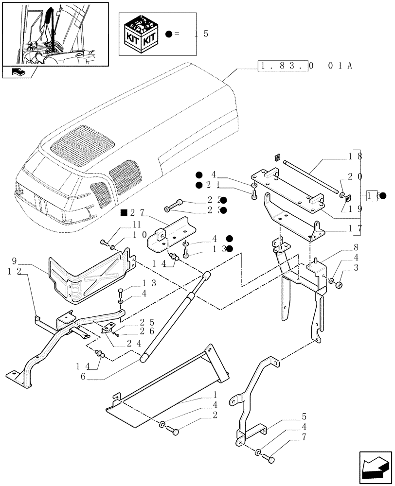 Схема запчастей Case IH FARMALL 85N - (1.83.0[06]) - HOOD GAS SPRING, HINGE SUPPORT AND HEAT SHIELD PROTECTION - C7050 (08) - SHEET METAL