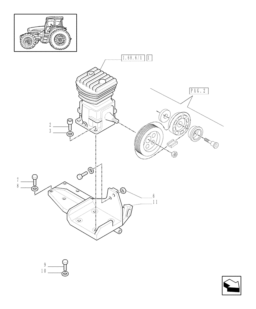 Схема запчастей Case IH MXM130 - (1.68.6/03[01]) - (VAR.385/2) TRAILER AIR BRAKE ITALY - BRACKET FOR AIR COMPRESSOR (05) - REAR AXLE