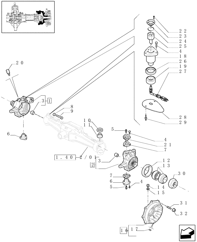 Схема запчастей Case IH PUMA 195 - (1.40.2/02) - (VAR.463) 4WD FRONT AXLE WITH ACTIVE SUSPENSIONS - STEERING KNUCKLES & HUBS (04) - FRONT AXLE & STEERING