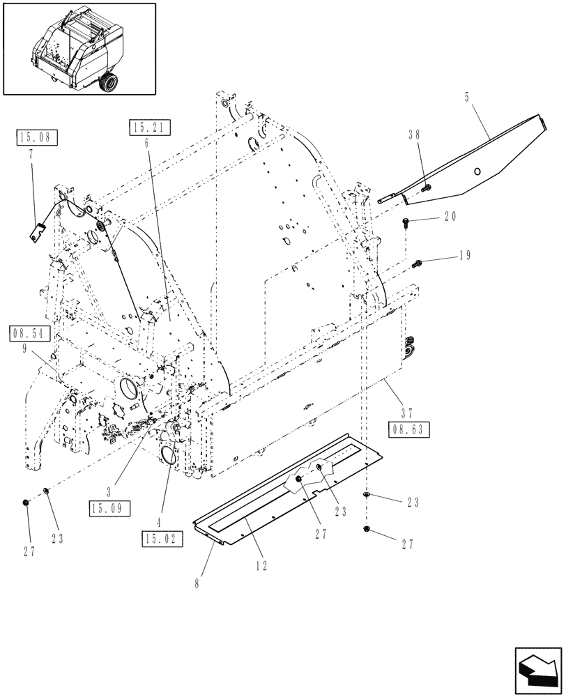 Схема запчастей Case IH RB554 - (15.05) - ELECTRIC TWINE WRAP, SHIELDS (15) - KNOTTER /WRAPPER