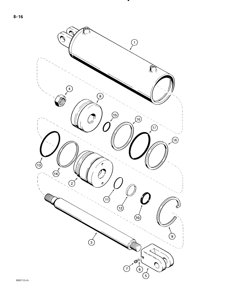 Схема запчастей Case IH 596 - (8-16) - WING FOLDING CYLINDER - 84992C91, CYLINDER PART NUMBER IS STAMPED ON TUBE (08) - HYDRAULICS