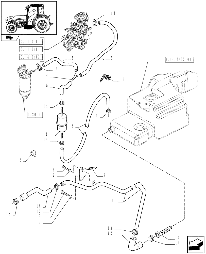 Схема запчастей Case IH FARMALL 85N - (1.14.2/03[02]) - SMALL FUEL TANK - FUEL LINES (VAR.332143 / 743501) (02) - ENGINE EQUIPMENT