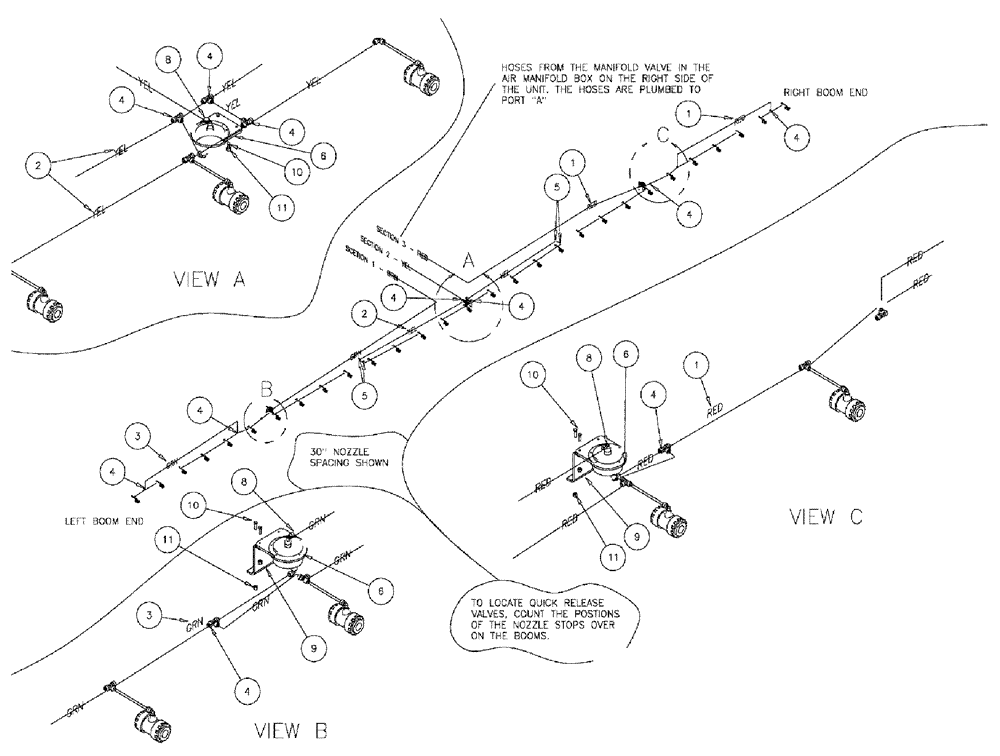 Схема запчастей Case IH 610 - (03-029) - 3-SECTION 70 BOOM GROUP, PNEUMATIC COMPONENTS 30" SPACING (09) - BOOMS