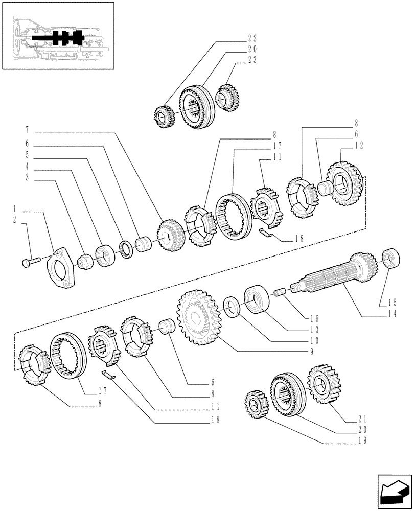 Схема запчастей Case IH JX70 - (1.28.1/02[02]) - (VAR.116) 12X4 (30KM/H) SYNCHROMESH TRANSMISSION - SHAFTS AND GEARS (03) - TRANSMISSION