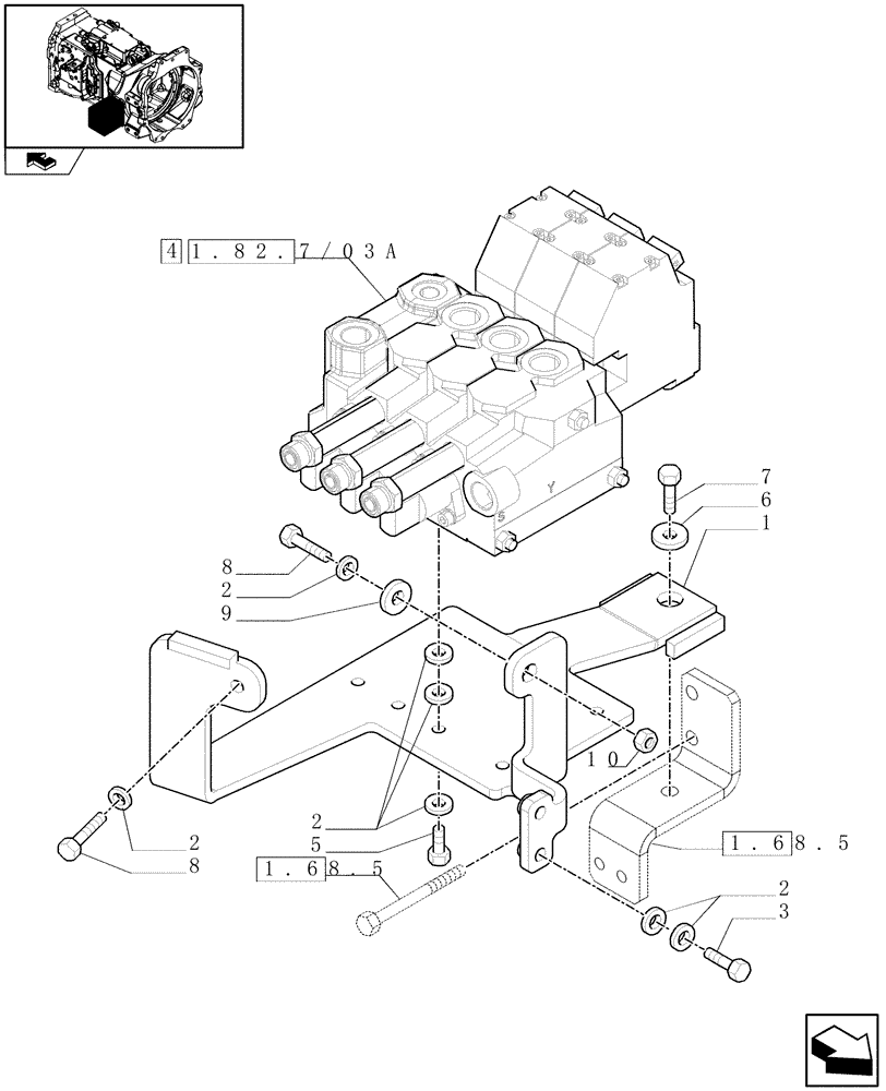 Схема запчастей Case IH MAXXUM 120 - (1.82.7/03[01]) - 3 ELECTRONIC MID MOUNTED VALVES - DISTRIBUTOR AND SUPPORT (VAR.330561-333561) (07) - HYDRAULIC SYSTEM