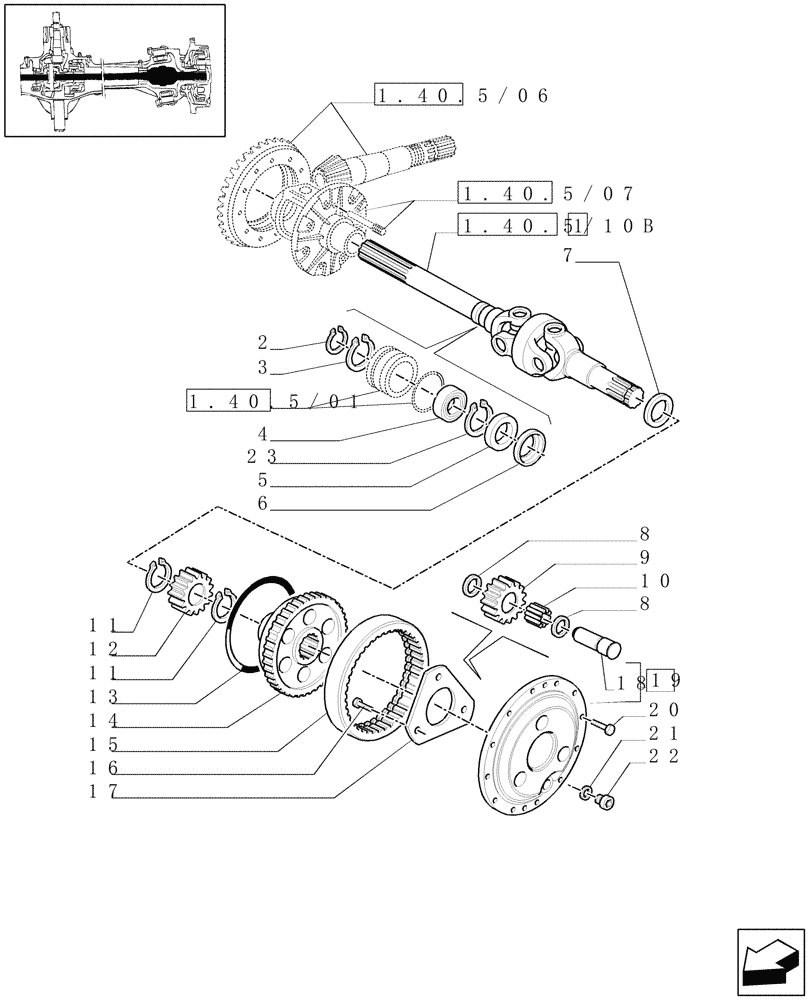 Схема запчастей Case IH MAXXUM 100 - (1.40. 5/10[01B]) - (CL.3) SUSPENDED FRONT AXLE WITH DOG CLUTCH AND BRAKES - SHAFT AND EPICYCL. GEAR TRAIN - D5954 - C6449 (VAR.330427) (04) - FRONT AXLE & STEERING