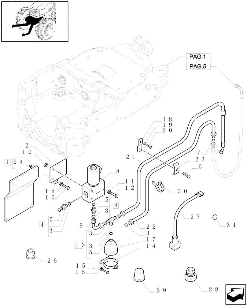 Схема запчастей Case IH MXU115 - (1.81.9/05[04]) - (VAR.592-623-639-652) FRONT HPL AND PTO W/SHAFT (6 SPLINES) W/FRONT BRAKES - VALVE AND PIPES (07) - HYDRAULIC SYSTEM