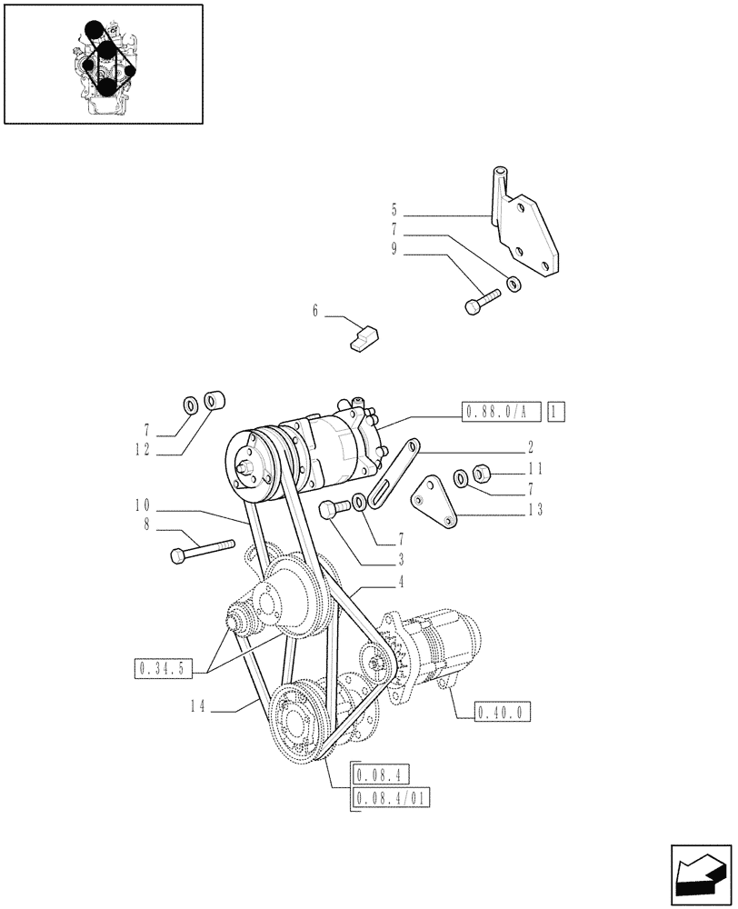 Схема запчастей Case IH JX70 - (0.88.0/02[02]) - (VAR.641-958) AIR CONDITIONING UNIT - BELTS & PULLEYS - D6847 (01) - ENGINE