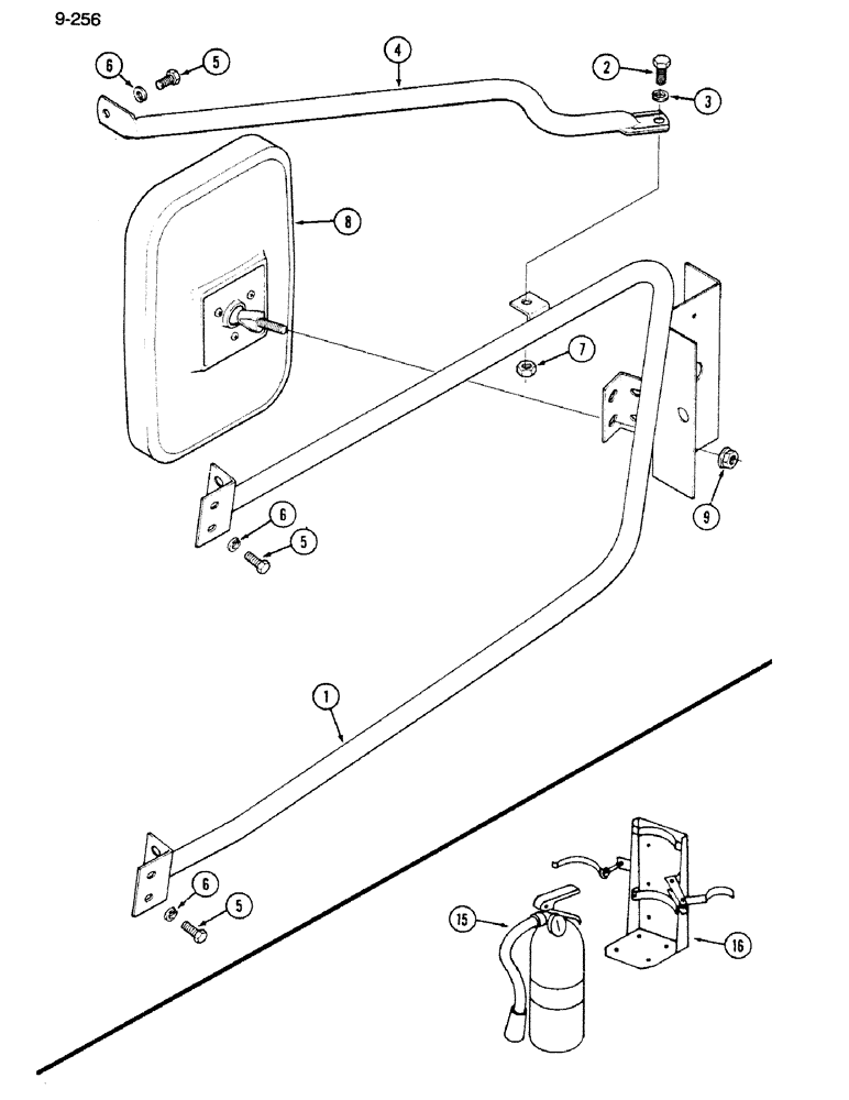 Схема запчастей Case IH 1620 - (9-256) - LEFT REAR VIEW MIRROR, FIRE EXTINGUISHER (10) - CAB & AIR CONDITIONING