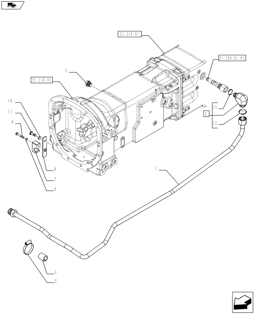 Схема запчастей Case IH FARMALL 65C - (21.100.01[02]) - TRANSMISSION LUBRICATION SYSTEM - HEAT EXCHANGER OIL DELIVERY PIPE - L/CAB (21) - TRANSMISSION