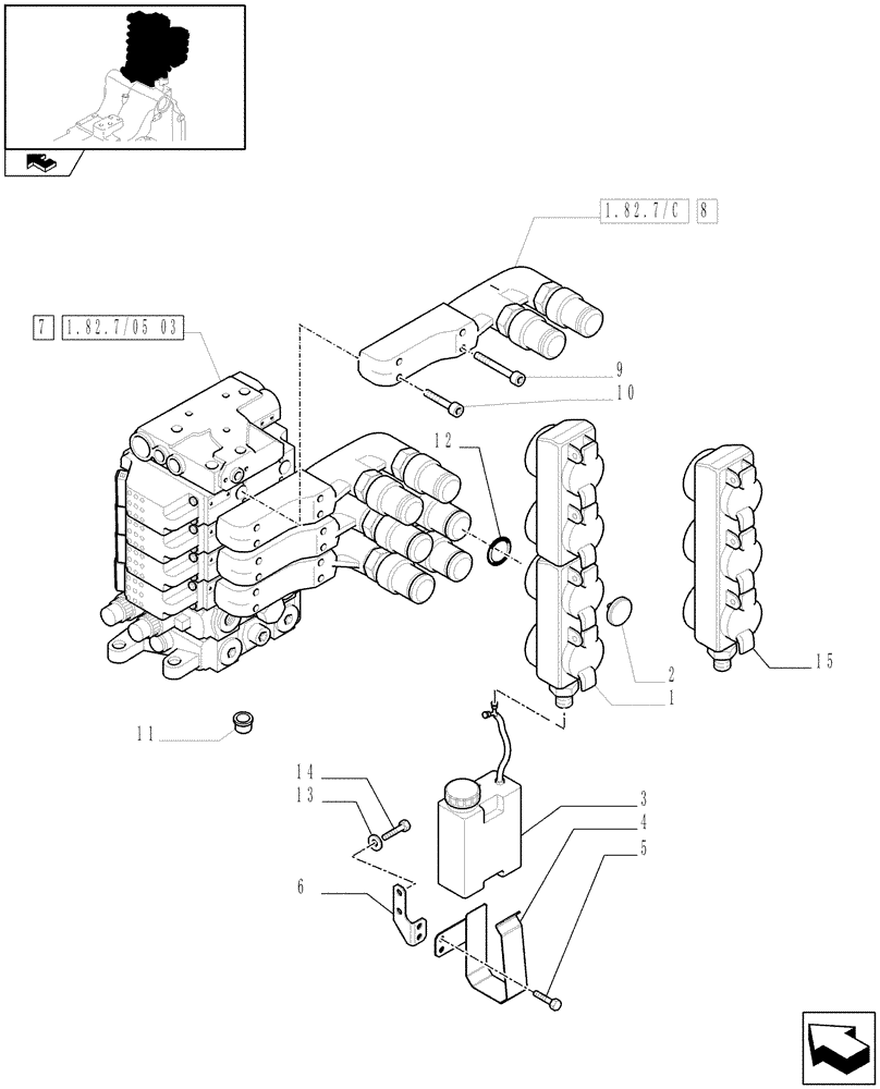 Схема запчастей Case IH PUMA 125 - (1.82.7/05[01B]) - 4 ELECTROHYDRAULIC REAR REMOTE CONTROL VALVES (EHR1) - DISTRIBUTOR, COVER AND OIL COLLECTOR - D6788 (VAR.330862-338851) (07) - HYDRAULIC SYSTEM