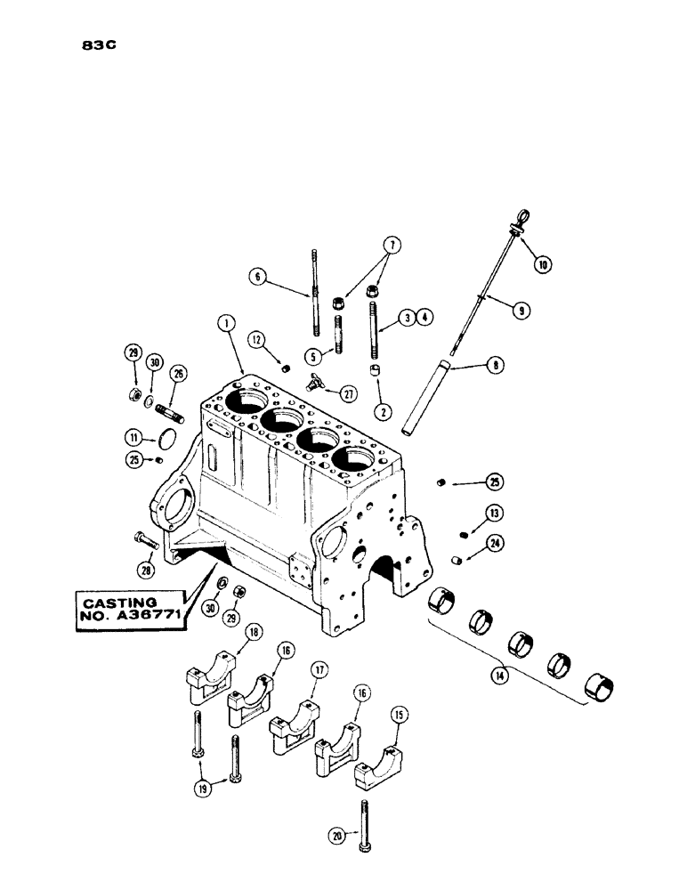 Схема запчастей Case IH 530 - (083C) - CYL. BLOCK ASSY., CASTING NO. A36771, ENG S/N 2117952 THRU 2610997, 430 AND 530 SERIES, 188 DSL ENG (02) - ENGINE