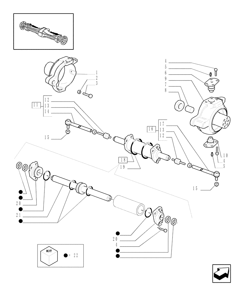 Схема запчастей Case IH JX1070N - (1.40.1/02) - 4WD FRONT AXLE - SWIVEL HOUSINGS AND STEERING CYLINDER (04) - FRONT AXLE & STEERING