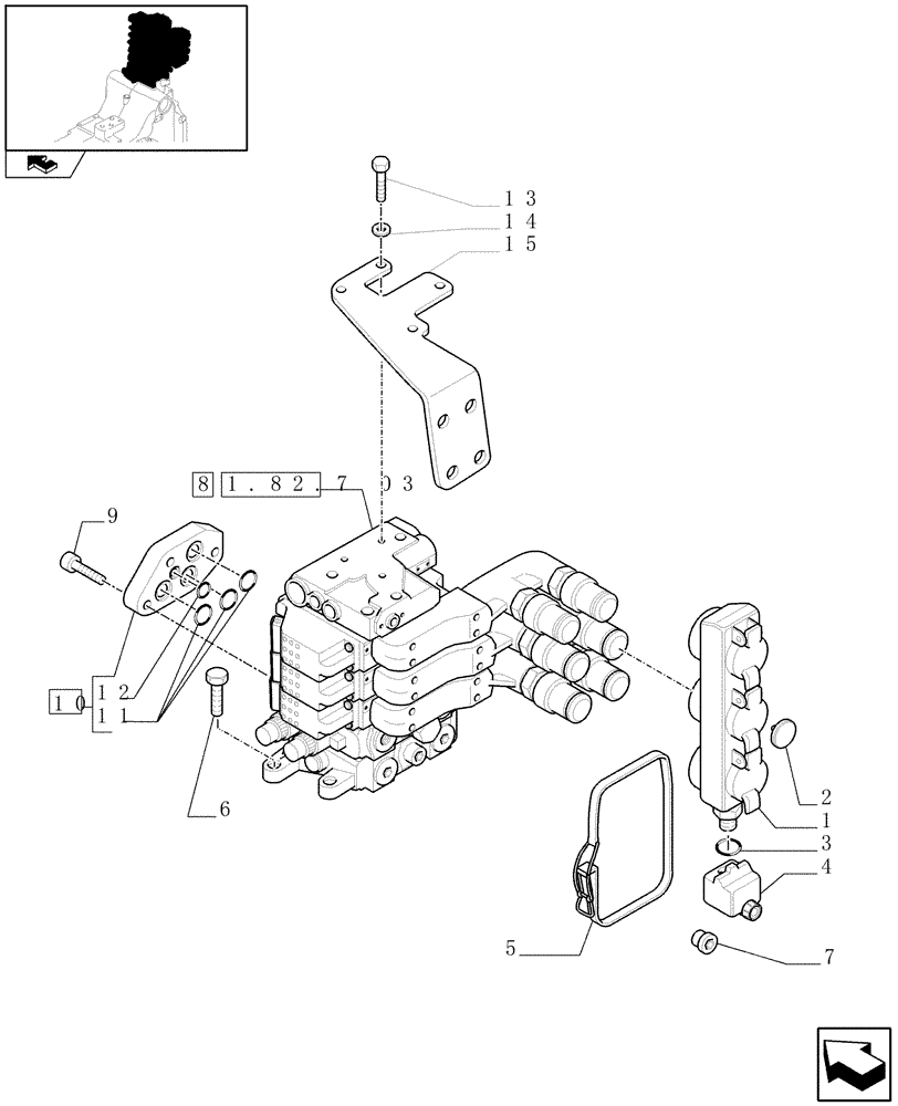 Схема запчастей Case IH MAXXUM 115 - (1.82.7[01A]) - 3 ELECTROHYDR. REAR REMOTE CONTROL VALVES (EHS1) - DISTRIBUTOR, COVER AND OIL COLLECTOR - D6690 - C6788 (07) - HYDRAULIC SYSTEM