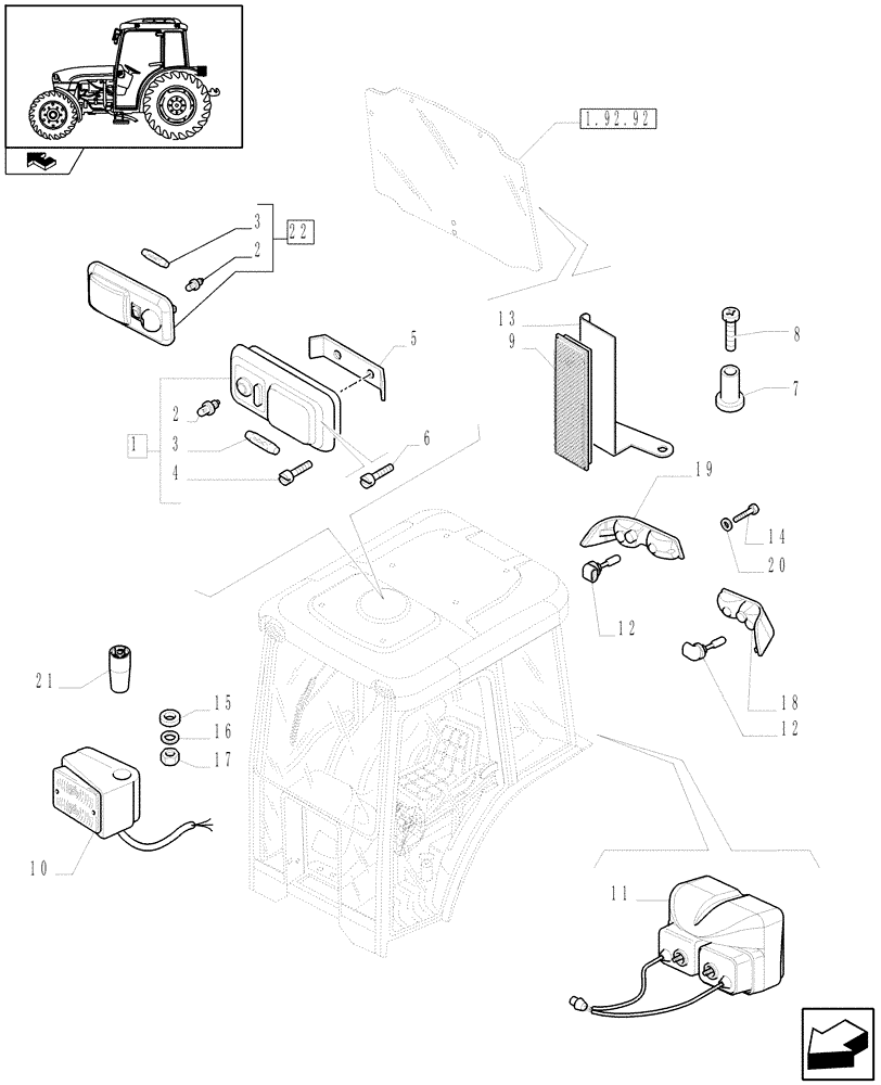 Схема запчастей Case IH FARMALL 75C - (1.92.76/03) - LIGHTS FOR RH DRIVE MARKETS - NA - W/CAB (VAR.332715) (10) - OPERATORS PLATFORM/CAB