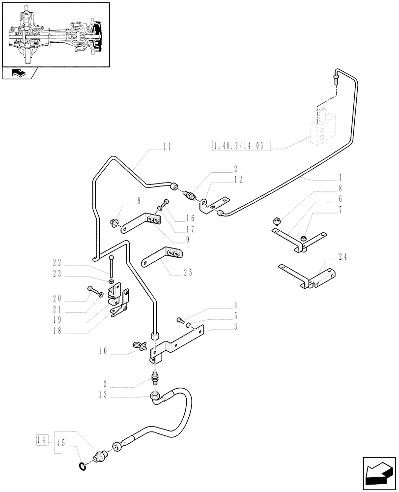 Схема запчастей Case IH PUMA 140 - (1.40.3/14[04]) - (CL.3) SUSPENDED FRONT AXLE WITH HYDR. DIFFER. LOCK, STEERING SENSOR AND BRAKES - PIPES (VAR.330427) (04) - FRONT AXLE & STEERING