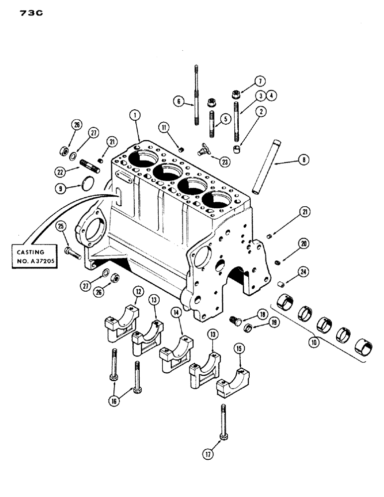 Схема запчастей Case IH 530 - (073C) - CYLINDER BLOCK ASSEMBLY, 188, DIESEL ENGINE, USED PRIOR TO ENGINE SERIAL NUMBER 2639536 (02) - ENGINE