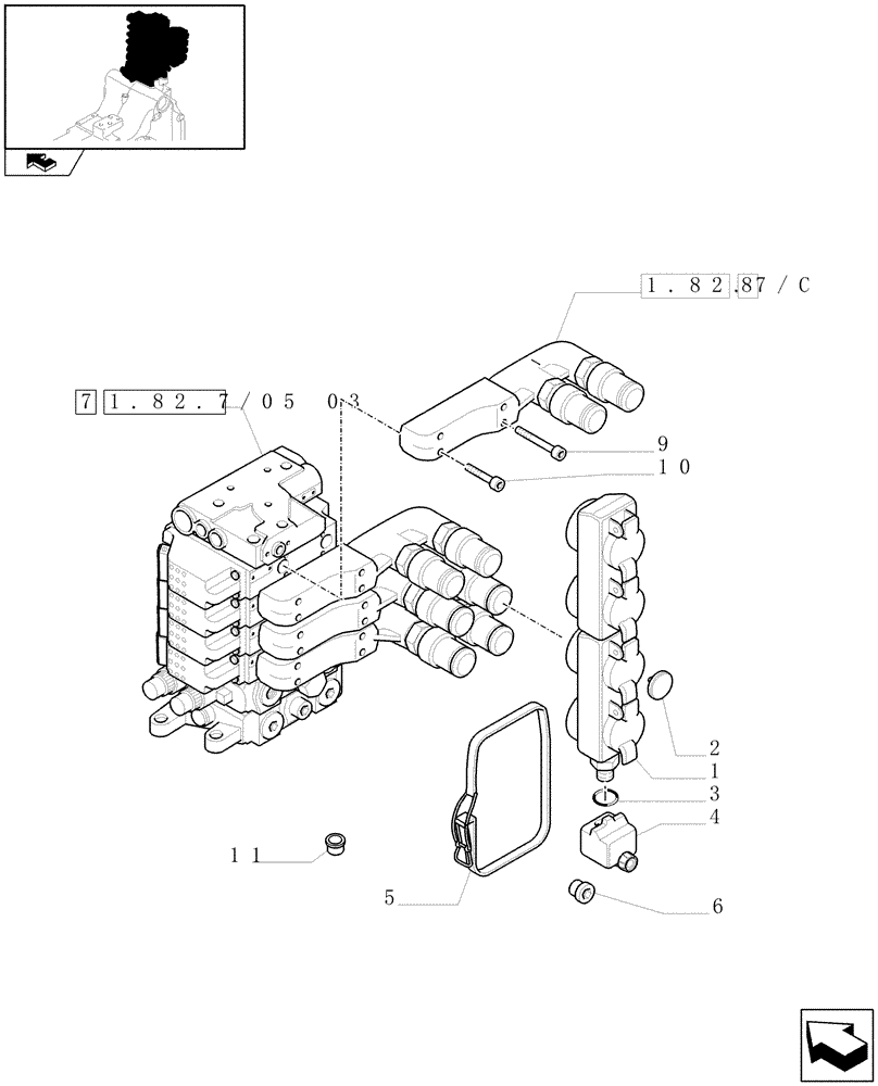 Схема запчастей Case IH PUMA 140 - (1.82.7/05[01A]) - 4 ELECTROHYDRAULIC REAR REMOTE CONTROL VALVES (EHR1) - DISTRIBUTOR, COVER AND OIL COLLECTOR - D6690 - C6788 (VAR.330862-338851) (07) - HYDRAULIC SYSTEM