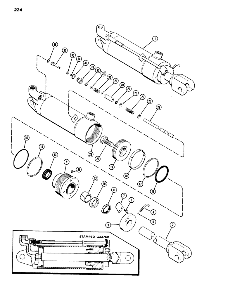 Схема запчастей Case IH 1070 - (224) - G33769 REMOTE HYDRAULIC CYLINDER, 4" BORE X 8" STROKE, GLAND WITH CENTER BEARING (09) - CHASSIS/ATTACHMENTS