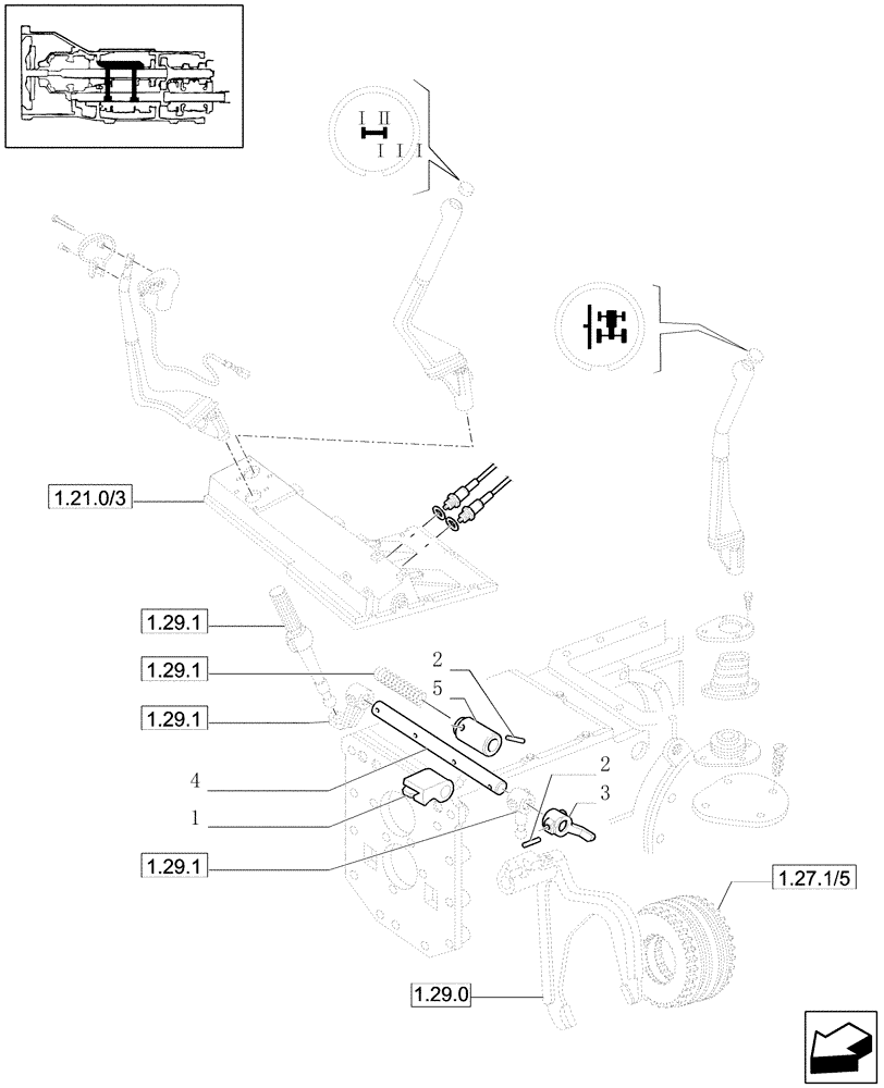 Схема запчастей Case IH JX1090U - (1.29.0/05) - (VAR.275-279) POWER SHUTTLE - HI-LO - 30-40 KMH - HYDRAULIC PTO - ROD AND FORK (03) - TRANSMISSION