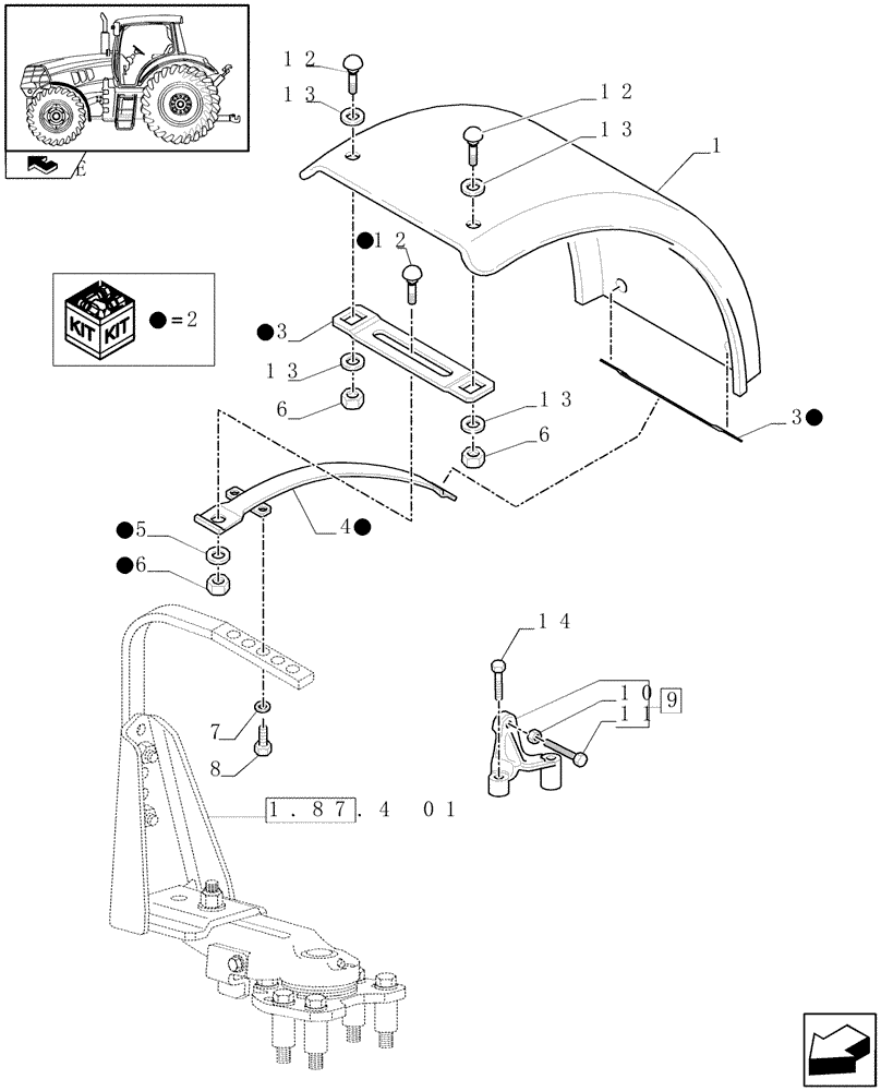 Схема запчастей Case IH MAXXUM 110 - (1.87.4[02]) - DYNAMIC FRONT FENDERS - FENDERS AND BRACKETS (VAR.333884-334884-335884) (08) - SHEET METAL