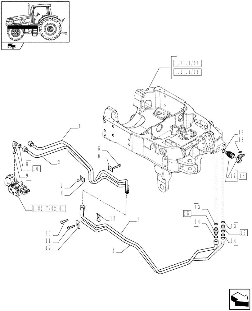 Схема запчастей Case IH MAXXUM 140 - (1.81.9/03) - 2 FRONT COUPLERS FOR INTEGRATED FRONT HPL FROM MID MOUNT VALVES - PIPES (VAR.332814) (07) - HYDRAULIC SYSTEM