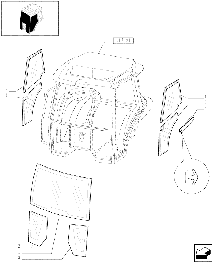 Схема запчастей Case IH JX90 - (1.92.92[01]) - CAB GLASS AND RELEVANT PARTS (10) - OPERATORS PLATFORM/CAB