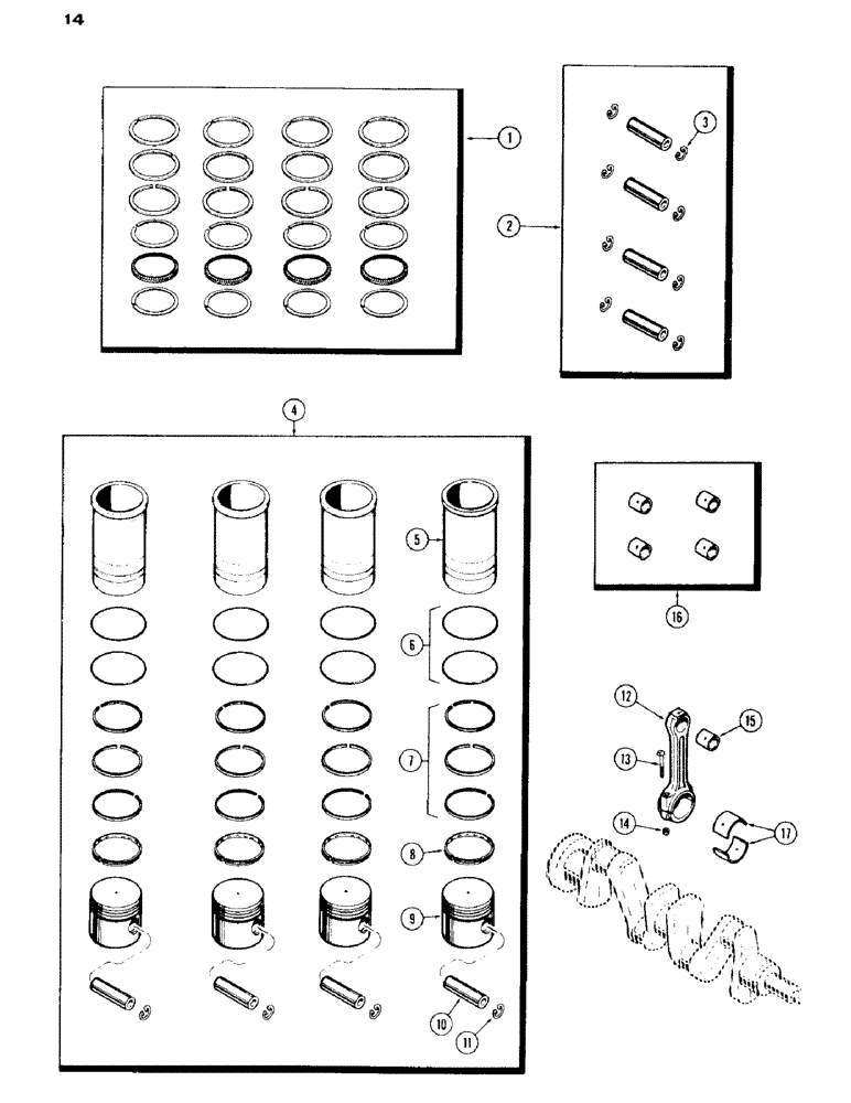 Схема запчастей Case IH 430 - (014) - PISTONS, SLEEVES AND CONNECTING RODS, 430 SERIES, 148 B SPARK IGNITION ENGINE (02) - ENGINE