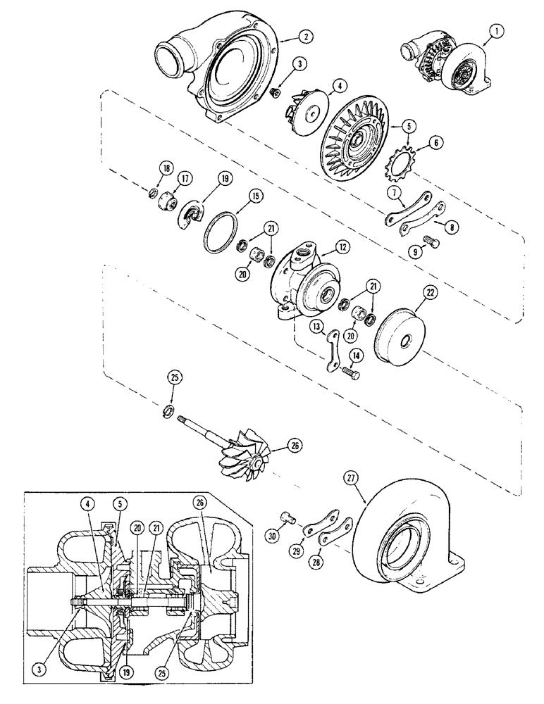 Схема запчастей Case IH 1370 - (023A) - TURBO-CHARGER, 504BDT, DIESEL ENGINE, MODEL T04B WITH BACK PLATE CLAMPS (02) - ENGINE