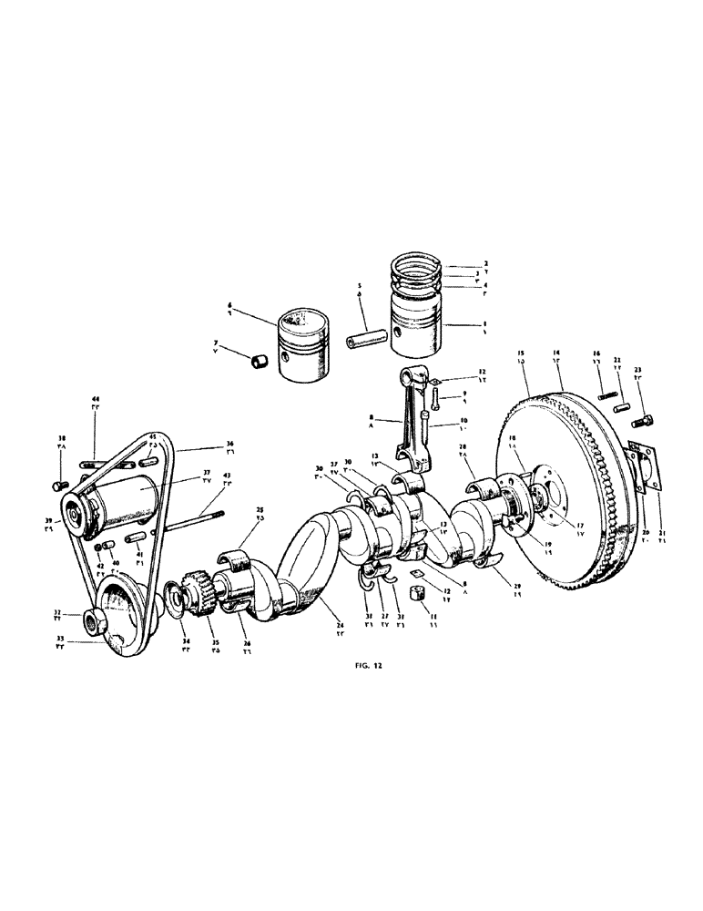 Схема запчастей Case IH 950 - (034) - PISTONS, CONNECTING ROD, CRANKSHAFT AND GEAR, FLYWHEEL AND DYNAMO, STANDARD GASOLINE PISTONS (02) - ENGINE