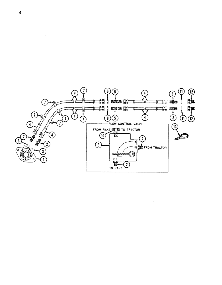 Схема запчастей Case IH 97 - (04) - HYDRAULIC MOTOR FLOW CONTROL VALVE AND HOSES, FOR 96 AND 97 HYDRAULIC DRIVE RAKES 